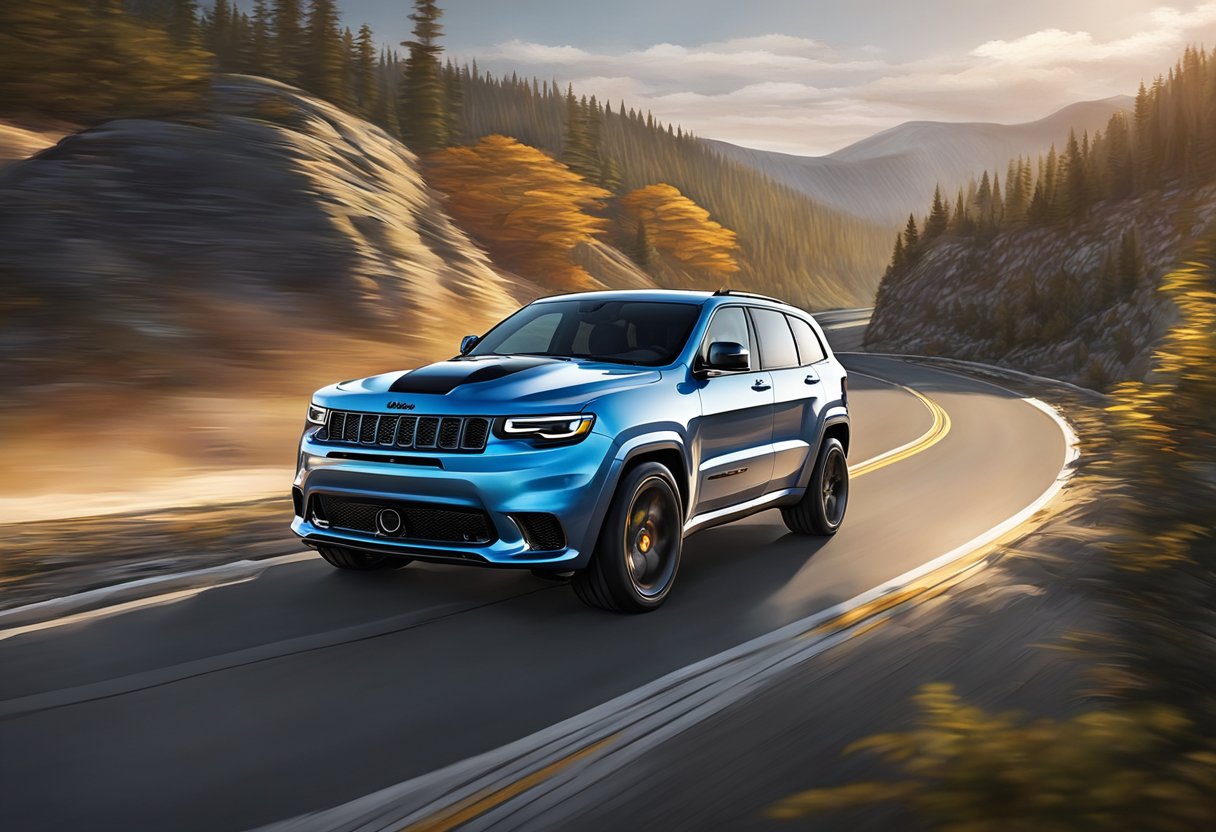 A sleek Jeep Trackhawk races down a winding road, showcasing its advanced safety features and cutting-edge technology. The powerful vehicle exudes speed and performance, ready to conquer any terrain