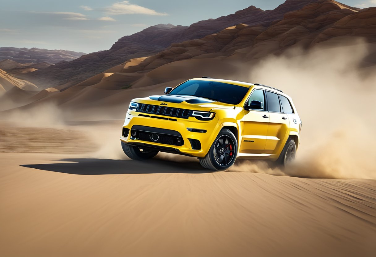 The Jeep Trackhawk races down a desert track, kicking up clouds of dust as it unleashes its maximum speed and performance capabilities