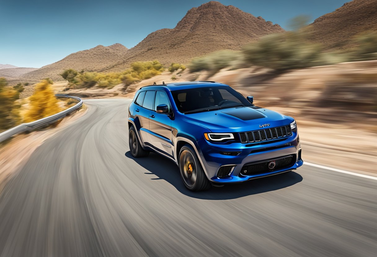 The Jeep Trackhawk zooms down a winding road, tires gripping the pavement as it unleashes its max speed and performance specs