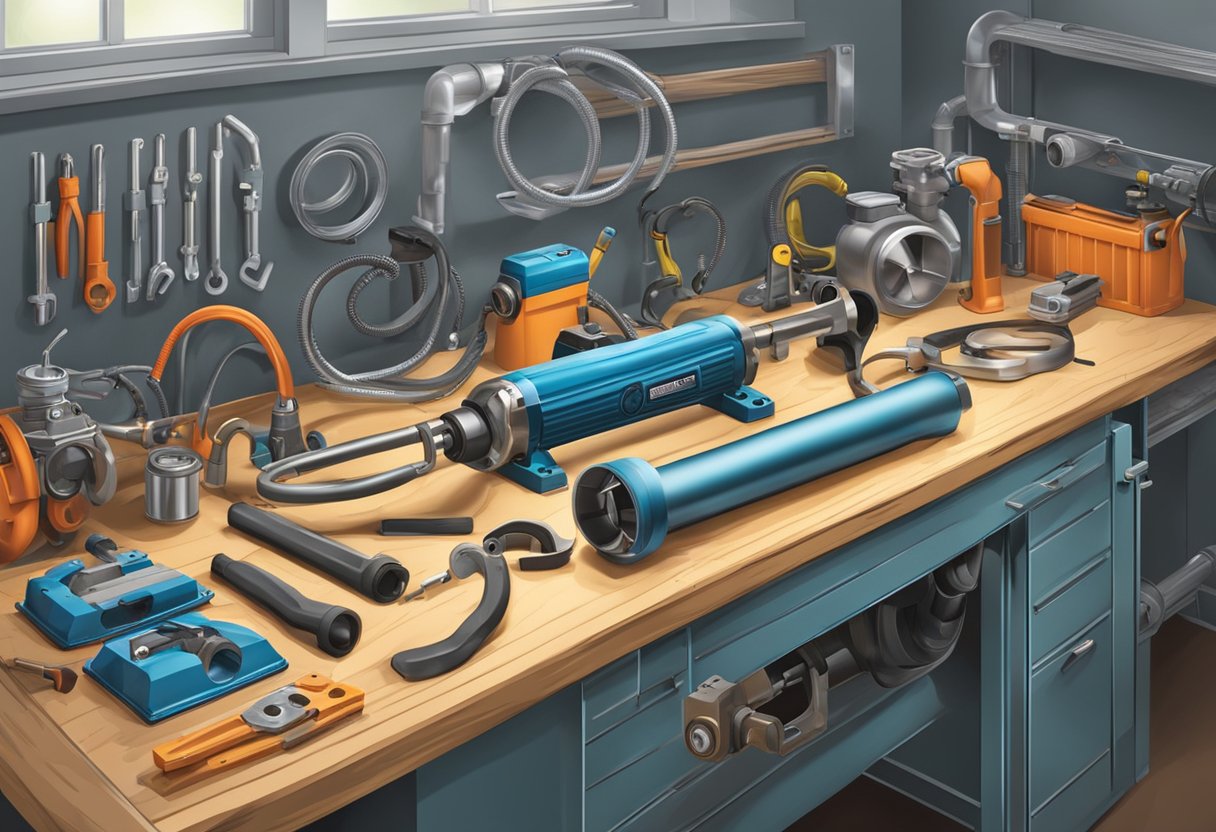 A workbench with exhaust manifold, gasket, wrench, and flashlight. A manual and safety goggles nearby