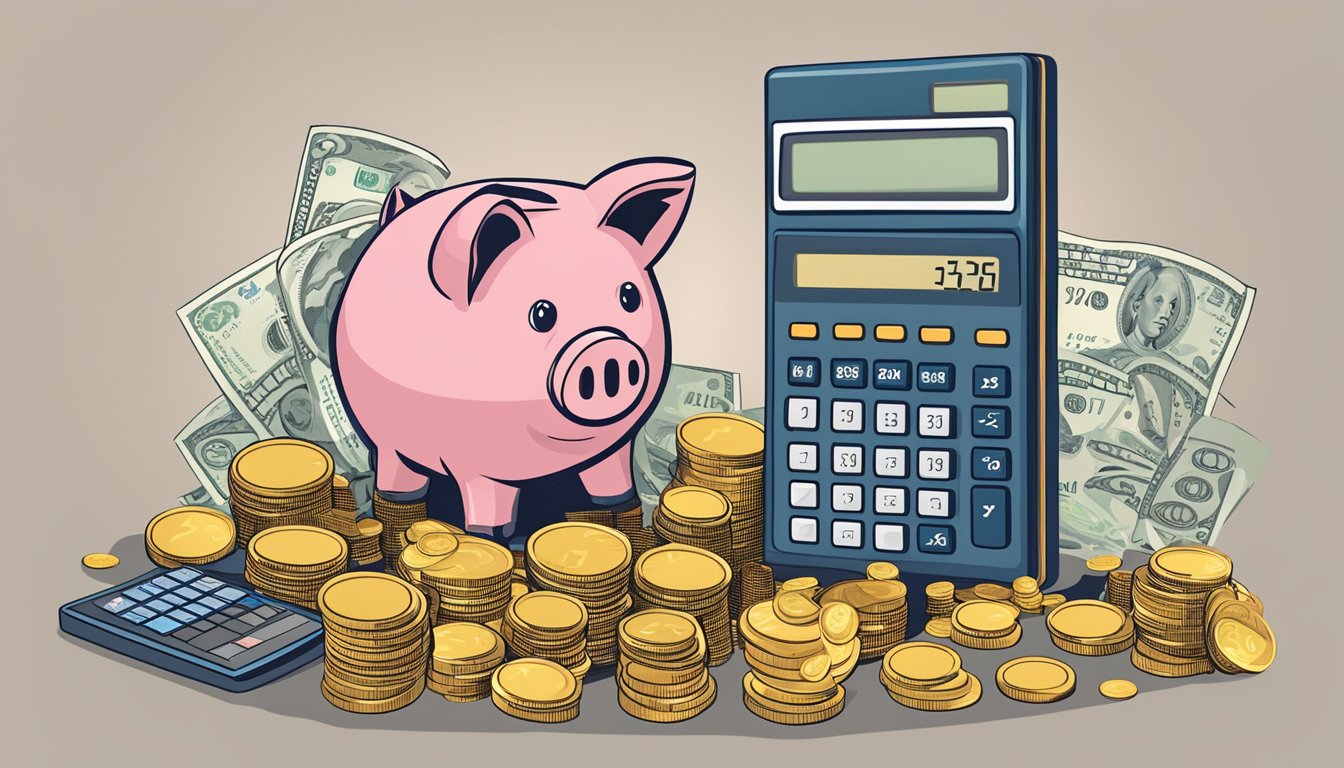 A piggy bank overflowing with coins and dollar bills, surrounded by a calculator and a graph showing increasing savings