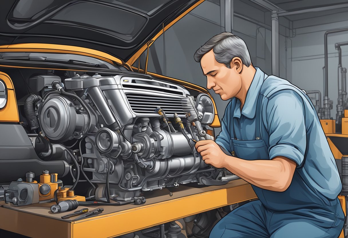 An engine with visible exhaust manifold leak, a mechanic diagnosing and repairing the issue using tools and equipment