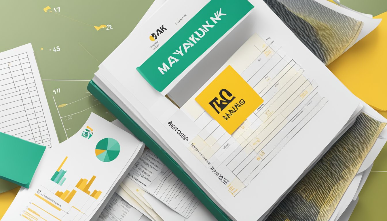 A stack of FAQ documents with Maybank logo, next to a chart showing Singapore saving account interest rates