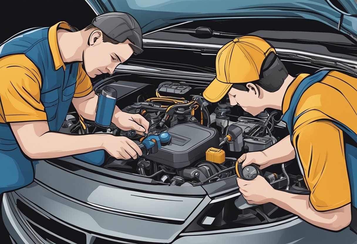 A mechanic using a diagnostic tool to test the evaporative emission system purge control valve circuit in a car engine bay