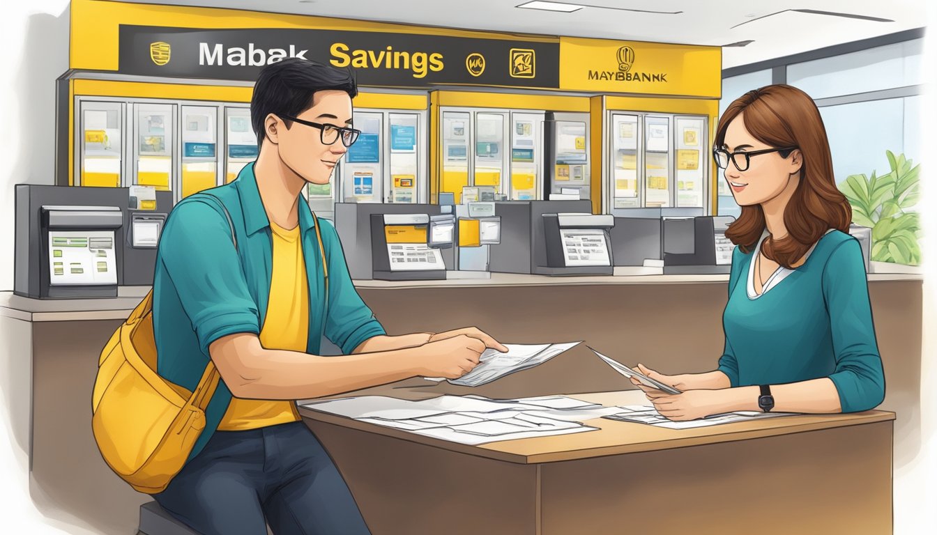A foreigner opens a Maybank savings account in Singapore. The bank teller assists with paperwork and explains account features