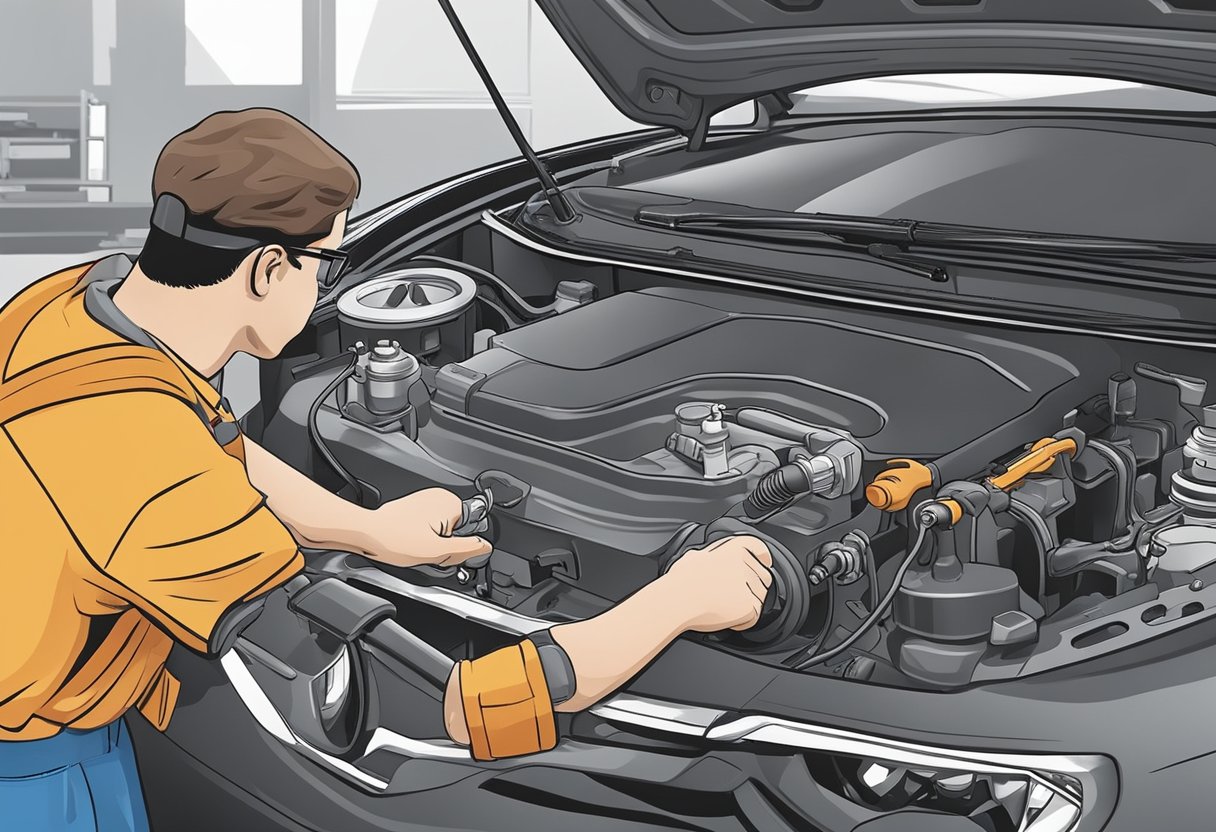 A mechanic replaces the purge control valve in a car's evaporative emission system, using a wrench and following a repair manual