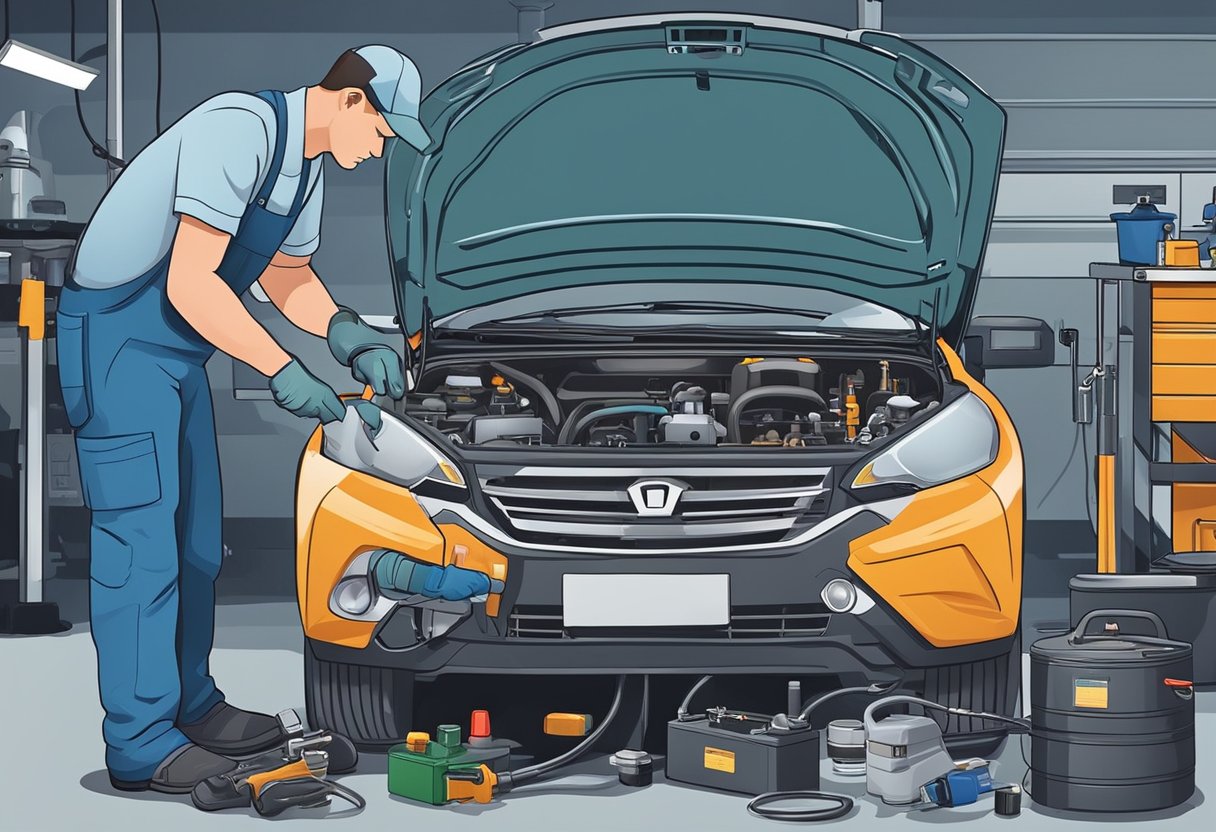 A mechanic replaces a faulty purge control valve in a car's evaporative emission system. Tools and diagnostic equipment are scattered on the workbench