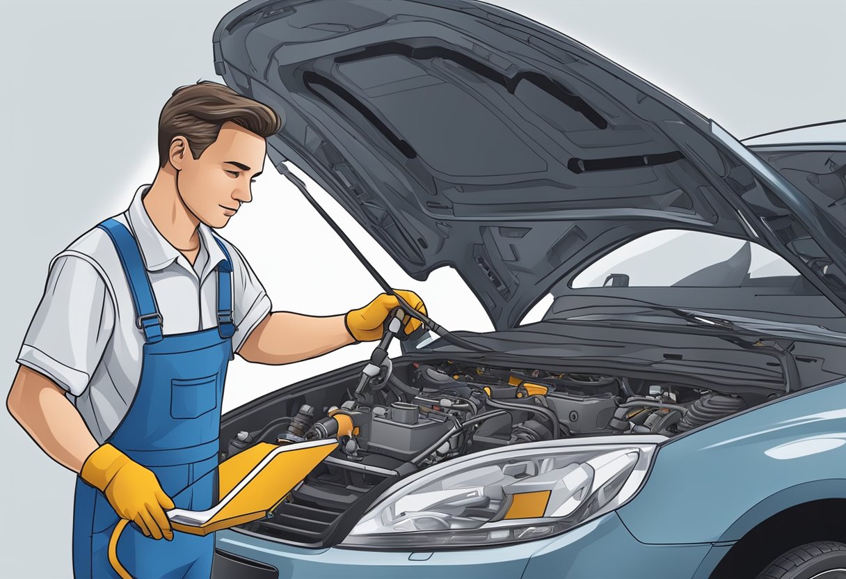 A mechanic holding a diagnostic tool, examining the engine compartment of a car. The hood is open, and various components of the evaporative emission system are visible