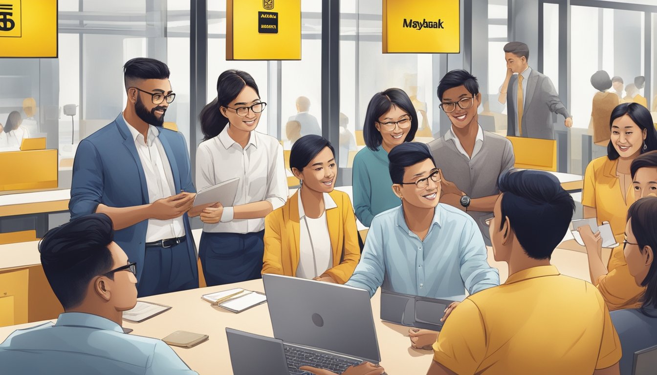 A diverse group of people from different countries are seen at a Maybank branch in Singapore, opening savings accounts and discussing their options with the bank staff