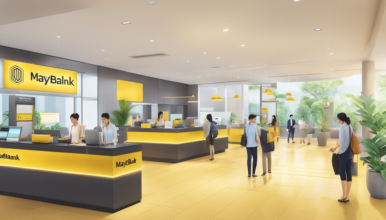 A bright and modern bank branch with a welcoming atmosphere, showcasing the various features and benefits of Maybank's savings account for foreigners in Singapore