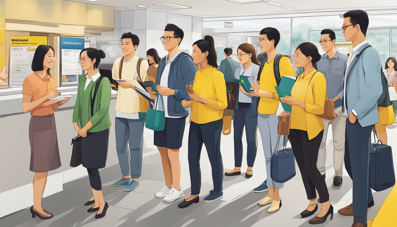A diverse group of people from different countries standing in line at a Maybank branch in Singapore, with signs and brochures advertising additional financial services for account holders, specifically targeting foreigners with Maybank savings accounts