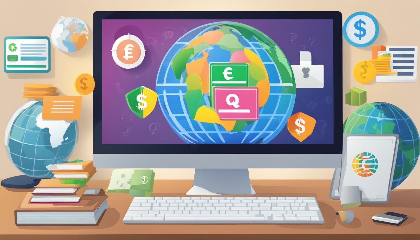 A colorful bank logo with "Frequently Asked Questions" displayed on a computer screen, surrounded by various currency symbols and a globe
