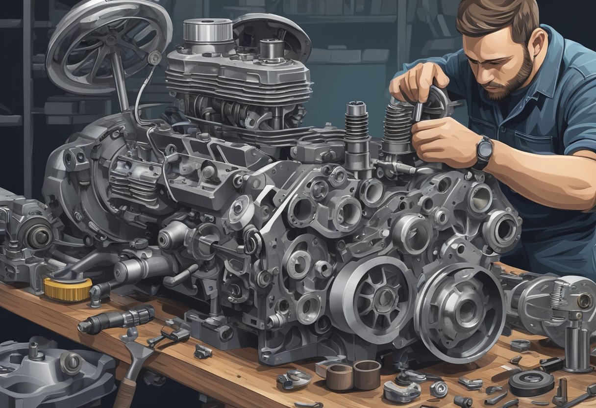A mechanic inspects a disassembled engine, focusing on the rod bearings for signs of wear and damage. Tools and parts are scattered on the workbench