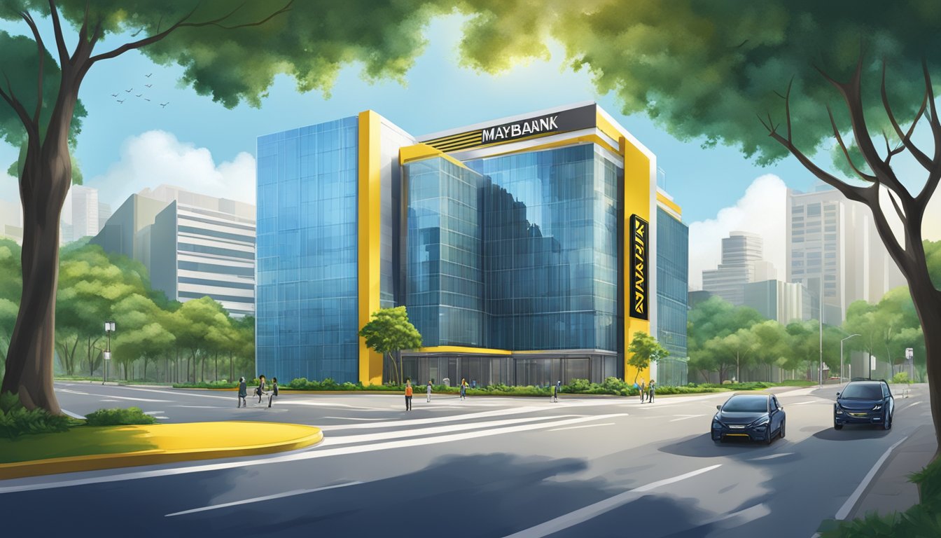 A modern, sleek bank building in Singapore with a prominent "Maybank" sign. Surrounding the building are lush green trees and a clear blue sky