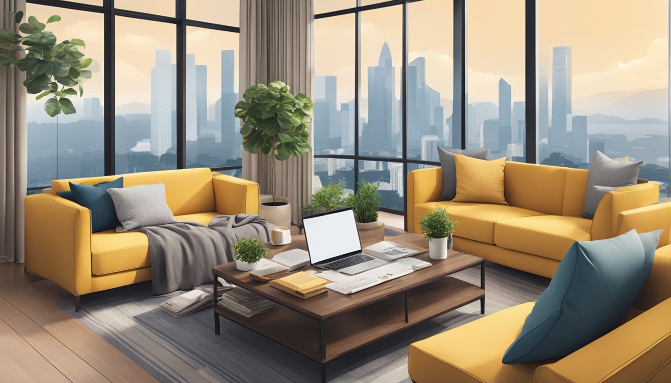 A cozy living room with a large window overlooking a city skyline. A stack of financial documents and a laptop on a coffee table. A Maybank Singapore Home Loans brochure on the table