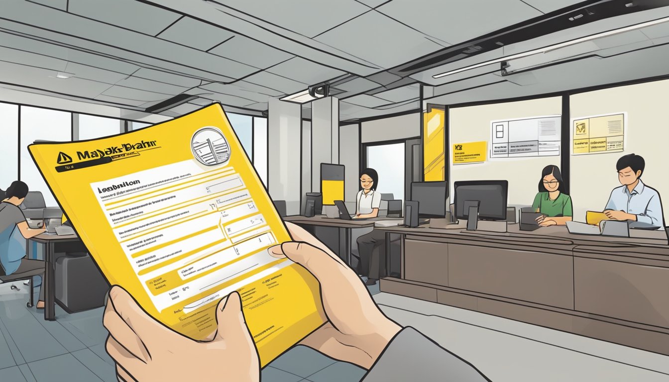 A person fills out a loan application form at a Maybank branch in Singapore. The eligibility criteria are listed on a nearby sign