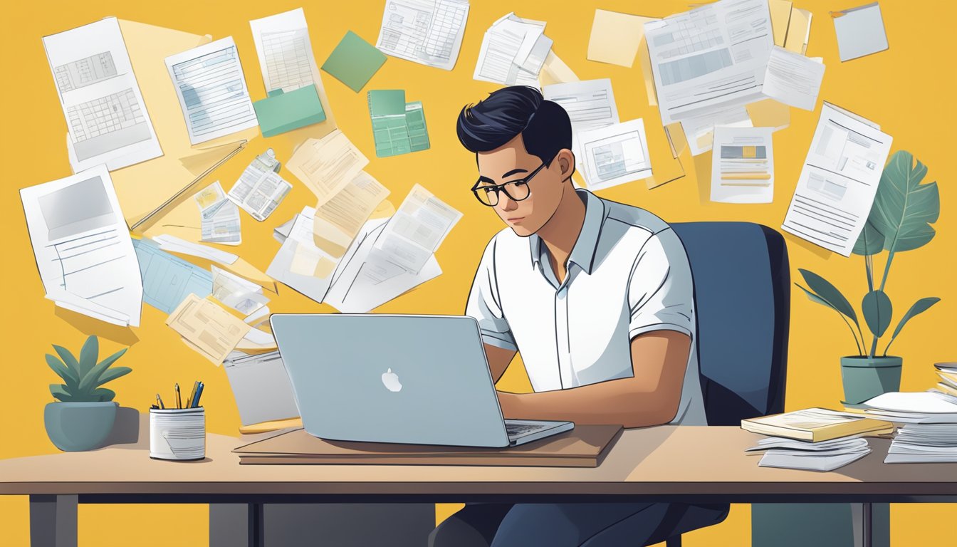 A person sitting at a desk, surrounded by paperwork and a laptop, calculating and comparing home loan options from Maybank Singapore