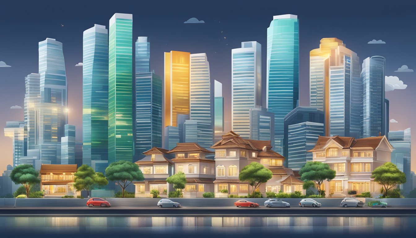 A modern cityscape with various types of properties and loan structures displayed on billboards and signs, showcasing the diversity of options available for home loans in Singapore