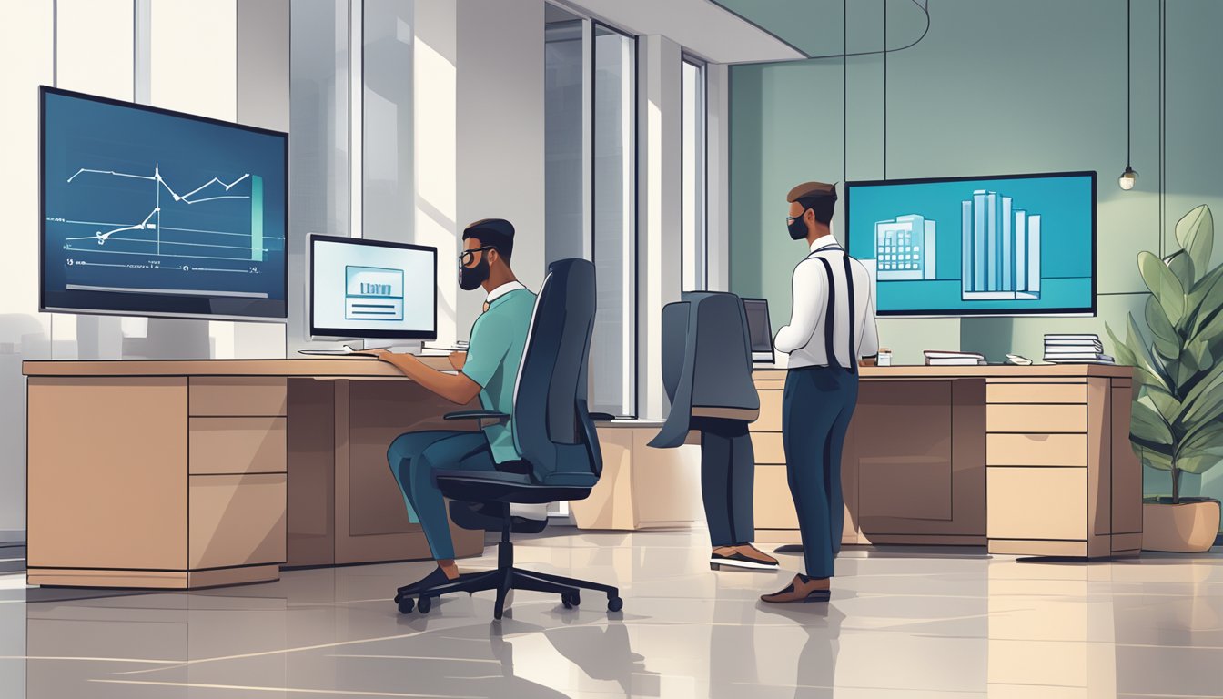 A modern, sleek office setting with a bank logo prominently displayed, a computer screen showing home loan rates, and a professional consultant assisting a client