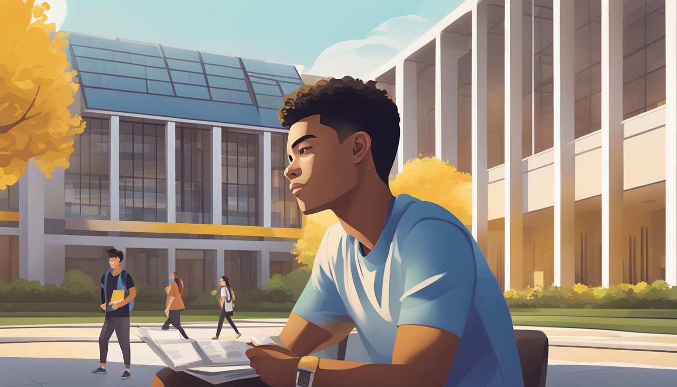 A stack of Maybank student credit cards against a backdrop of a university campus, with a young student studying in the background