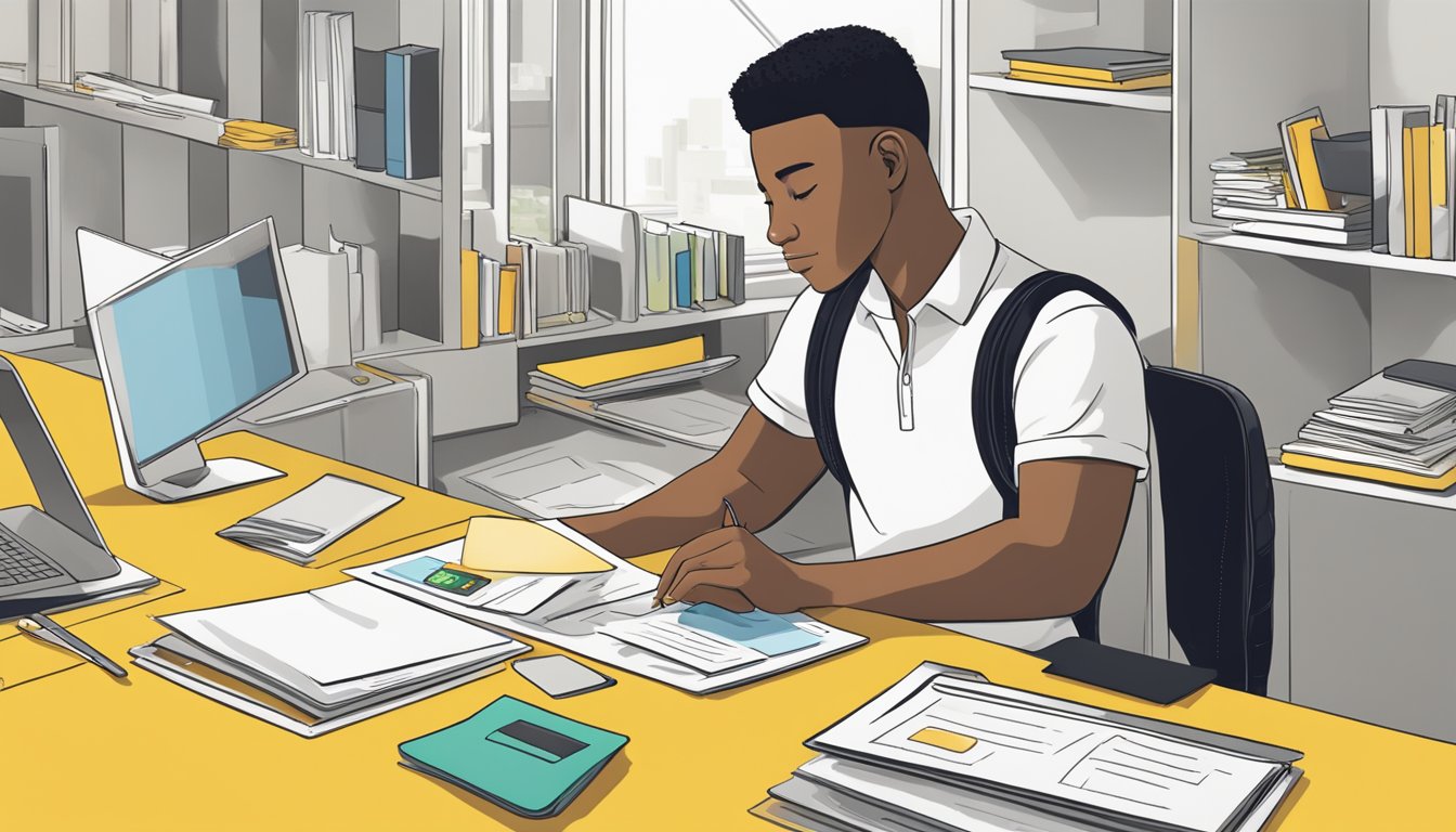 A student holding a Maybank credit card fills out an application form at a desk, surrounded by educational materials and a laptop