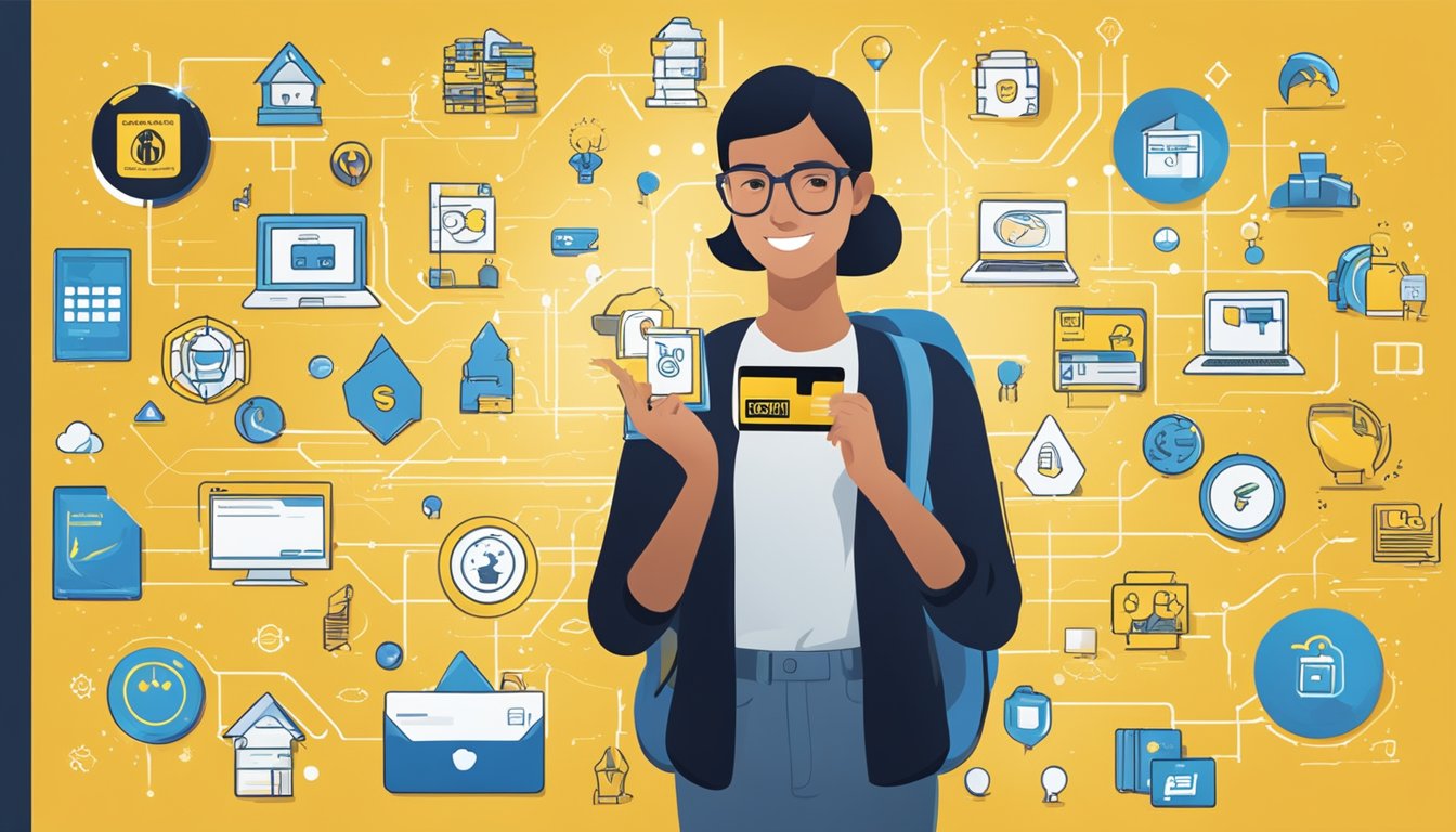 A student holding a Maybank credit card, surrounded by icons representing rewards and benefits such as cashback, discounts, and exclusive offers