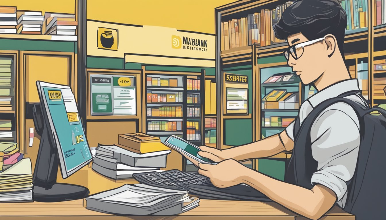 A student swiping a Maybank credit card at a Singaporean university bookshop. Financial management books and a calculator are on the counter