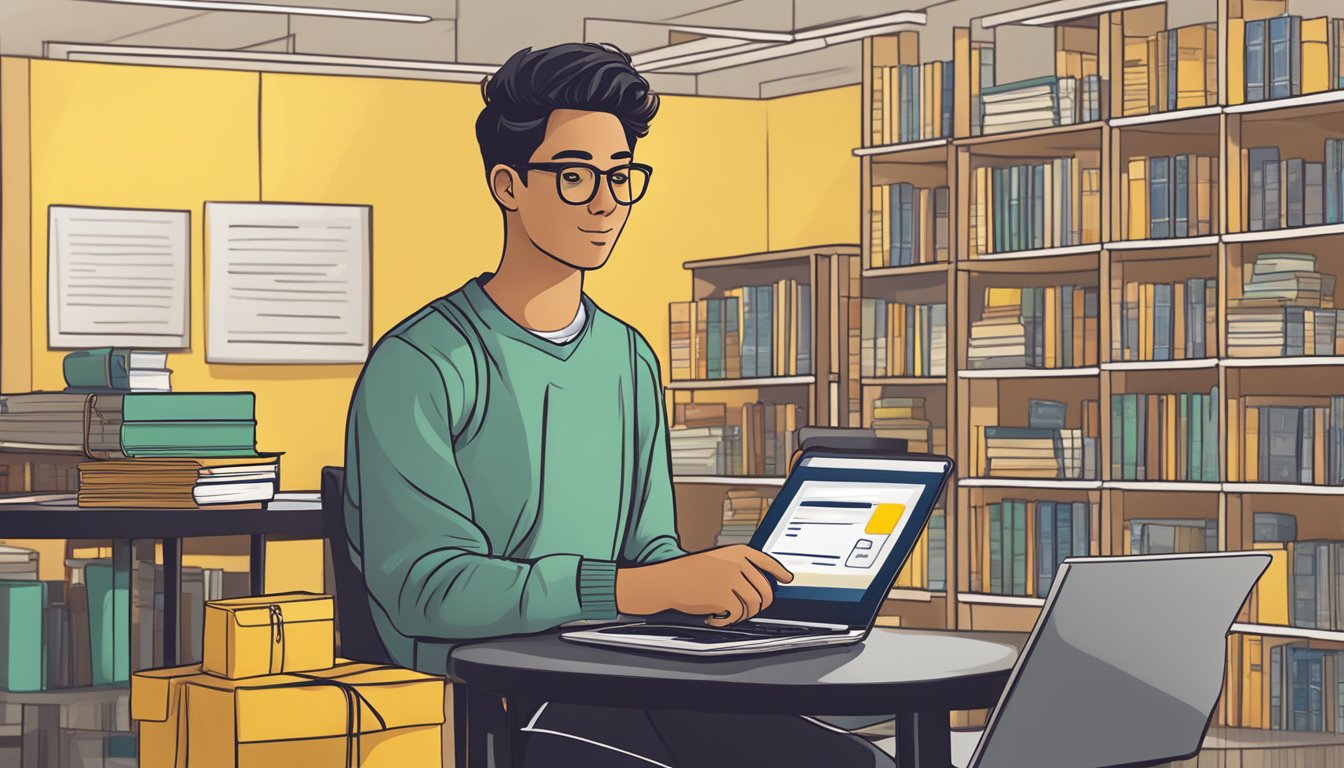 A student holding a Maybank credit card, with a laptop and textbooks in the background. A university campus or library setting