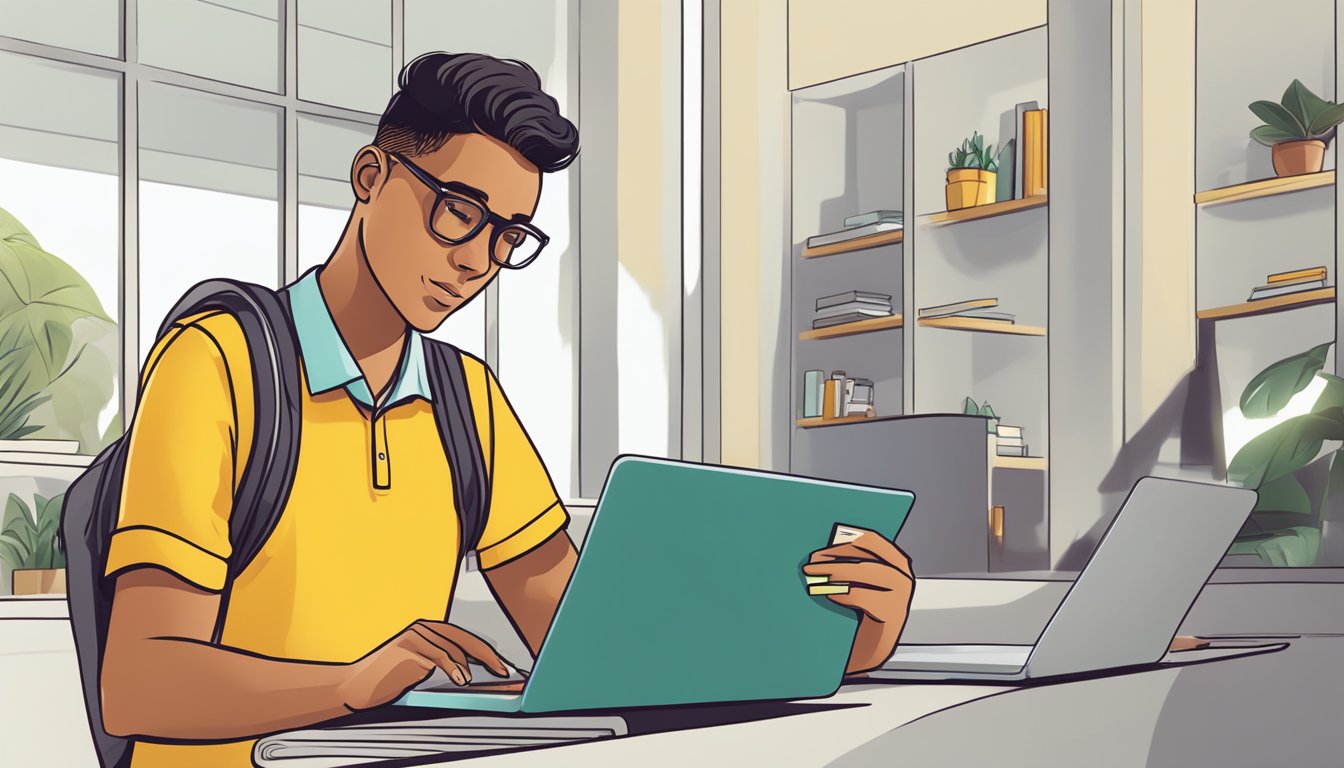 A student holding a Maybank credit card while browsing through a list of frequently asked questions on a laptop
