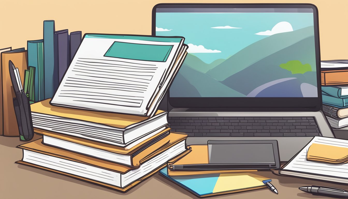 A stack of books and a laptop sit on a desk, with a pen and notebook nearby. A phone and a list of contacts are visible on the laptop screen