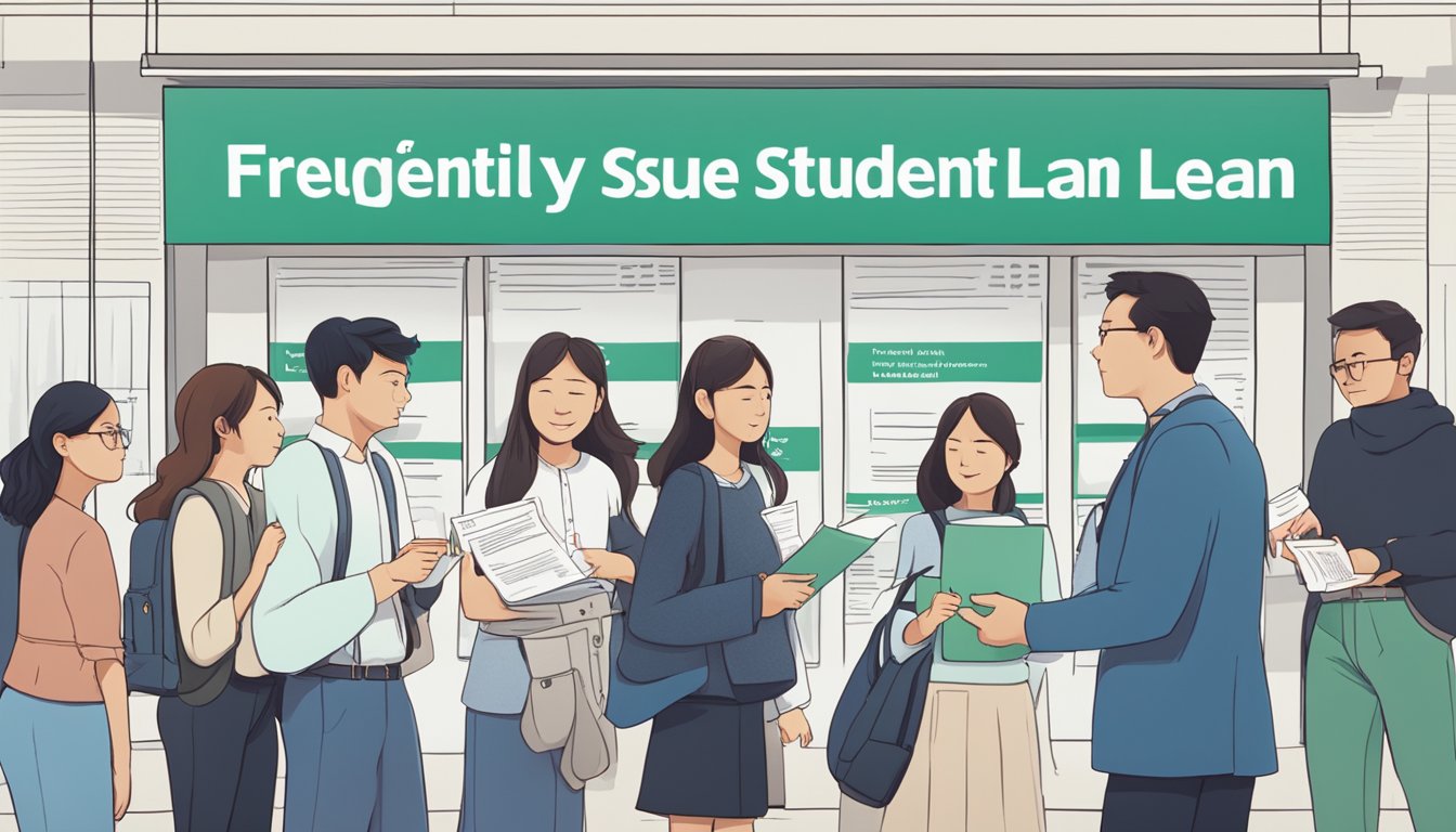 A group of people standing in line, holding paperwork and looking at a sign that reads "Frequently Asked Questions mendaki student loan singapore."