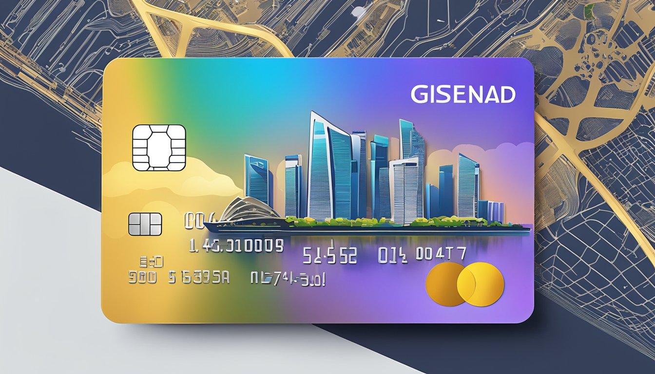 A gleaming metal credit card against a backdrop of iconic Singapore landmarks, such as the Marina Bay Sands or the Singapore skyline