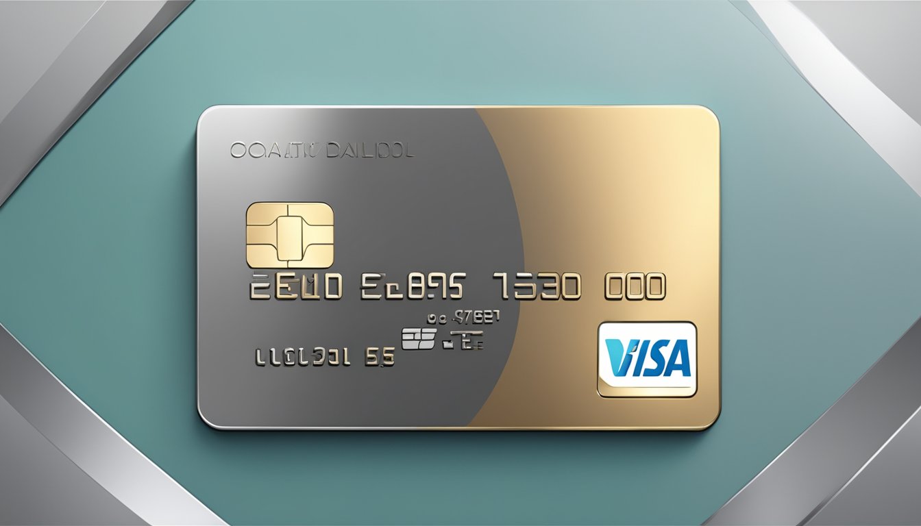 A metal credit card sits on a sleek, modern table, catching the light with its polished surface and embossed details