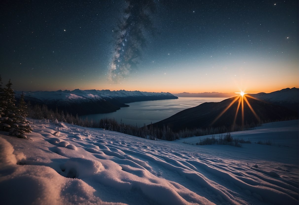 Alaska's landscape, covered in snow, with a dark, starry sky above. The sun hovers just below the horizon, casting a faint glow over the icy terrain