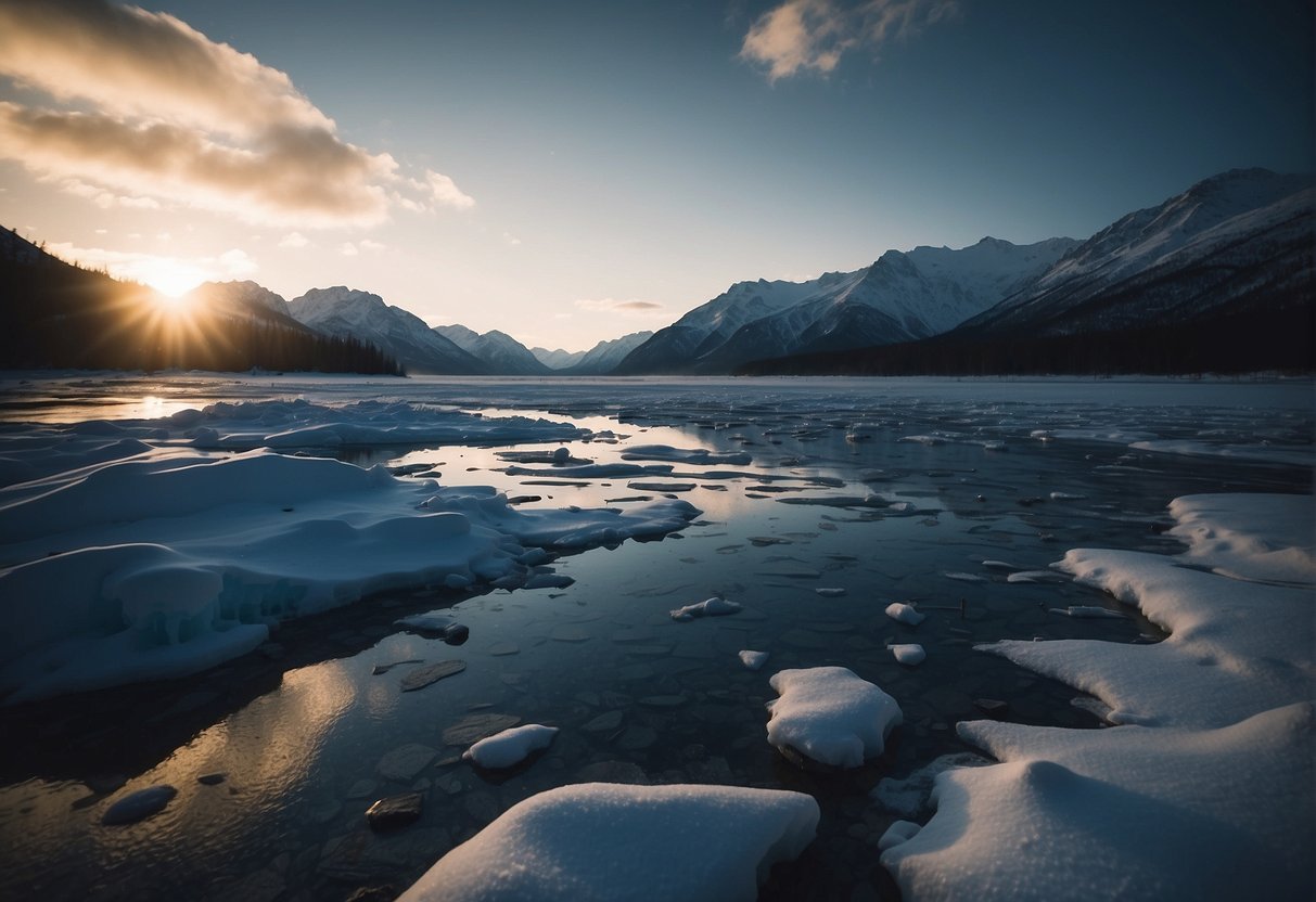 The vast Alaskan landscape is engulfed in darkness for 30 days, as the sun disappears below the horizon. The snow-covered terrain and frozen bodies of water are shrouded in a deep, eerie stillness