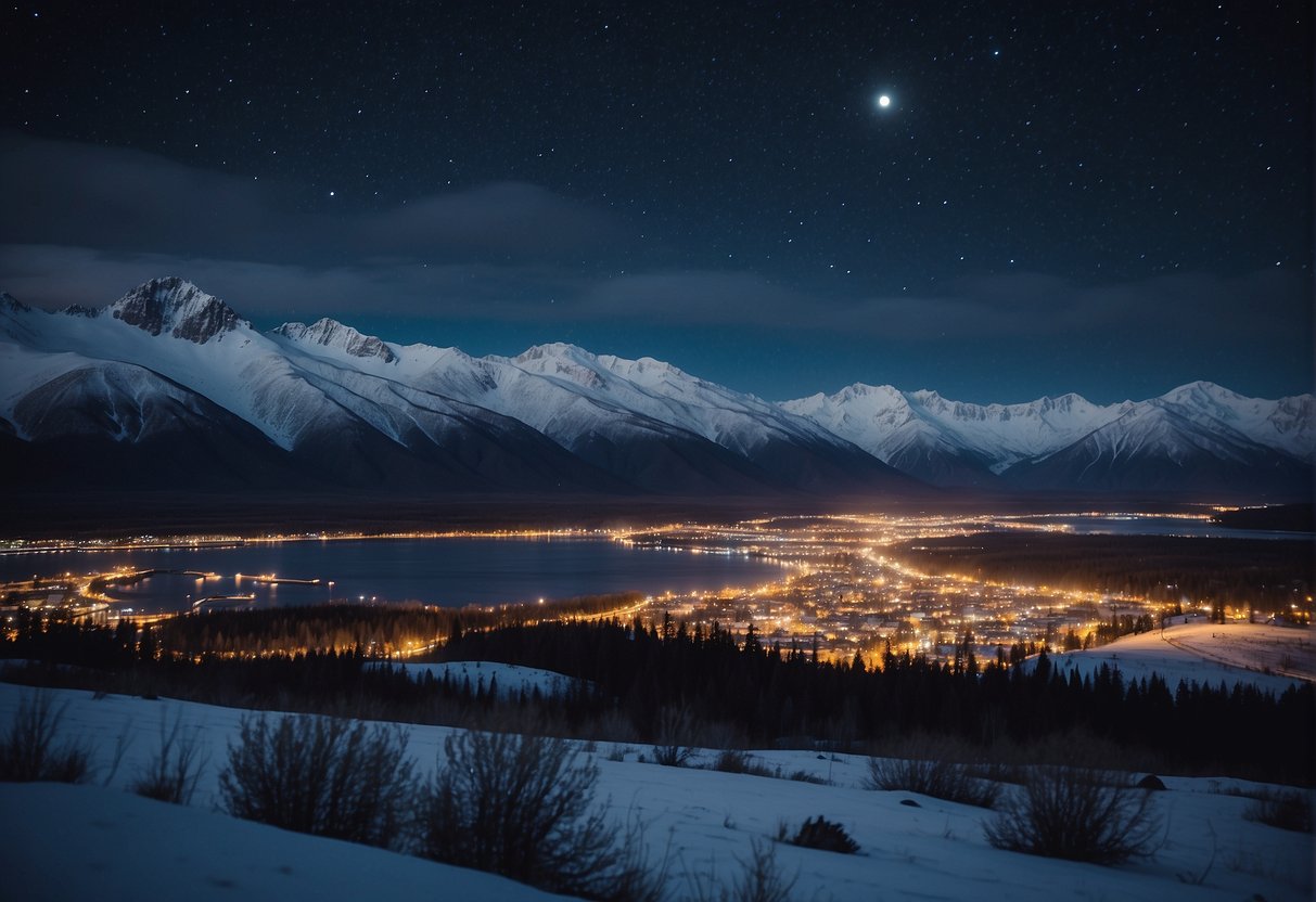 Alaska's landscape with a dark, starry sky and a sliver of moon, surrounded by snowy mountains and a small town with glowing lights