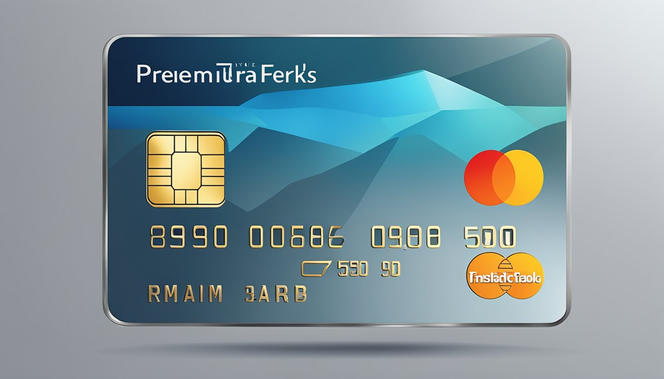 A luxurious metal credit card with "Premium Travel Perks" branding, set against a sleek, modern background