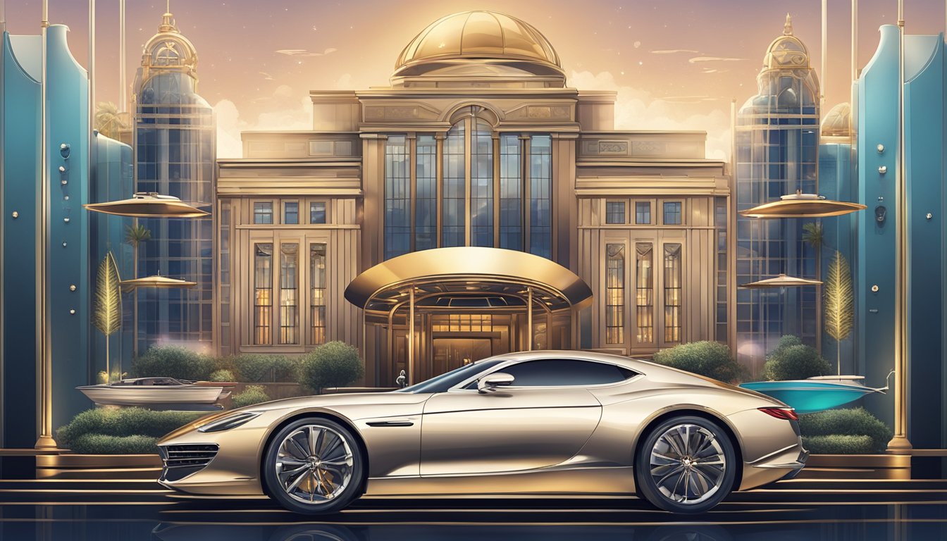 A luxurious metal Mastercard gleams against a backdrop of opulent lifestyle symbols: a sleek sports car, a modern yacht, and a lavish penthouse