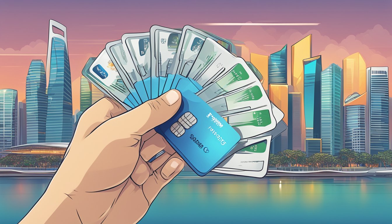 A hand holding a metal Mastercard in front of a Singapore city skyline, with financial charts and graphs in the background