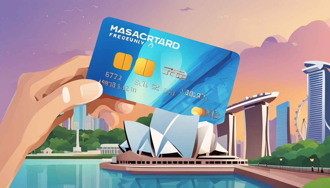 A metal Mastercard with "Frequently Asked Questions" text, set against a backdrop of iconic Singapore landmarks