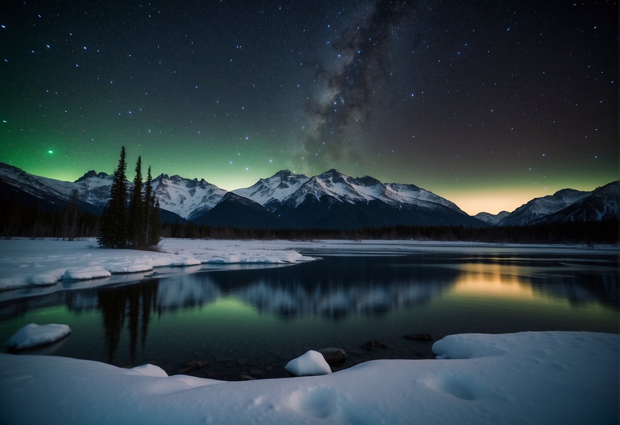 The Alaskan landscape is shrouded in darkness for six months, with snow-covered mountains and frozen lakes under a starry sky
