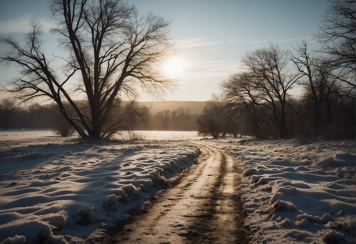 A barren landscape under a dim, hazy sky. The sun hangs low on the horizon, casting long, eerie shadows. The land is covered in a blanket of snow, with patches of ice reflecting the faint light