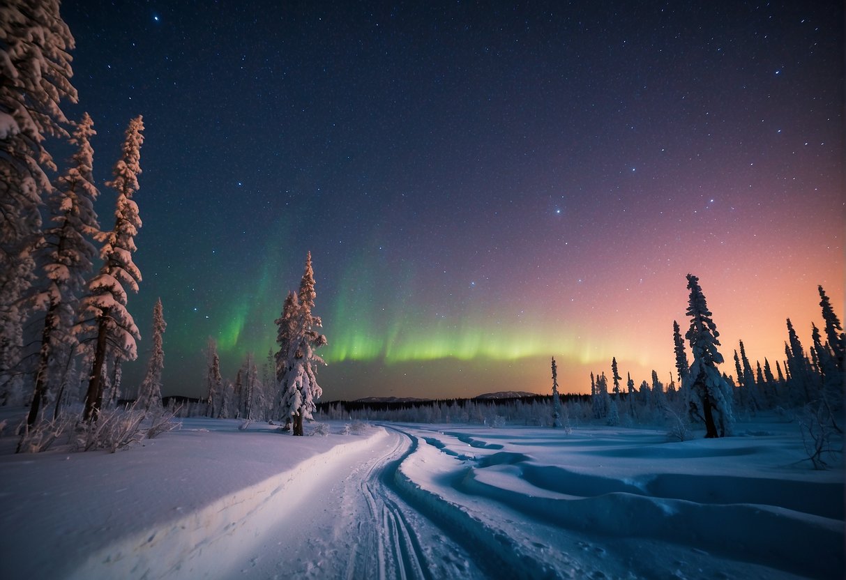 Alaska's long winter night: snow-covered landscape, barren trees, and a starry sky with the faint glow of the northern lights