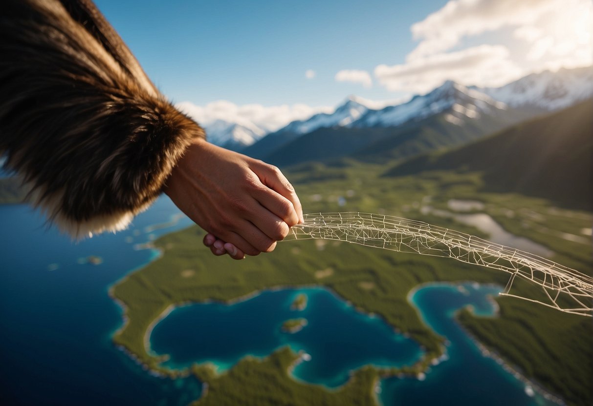 Alaska and Russia connected by land bridge, with native people trading and sharing cultural traditions