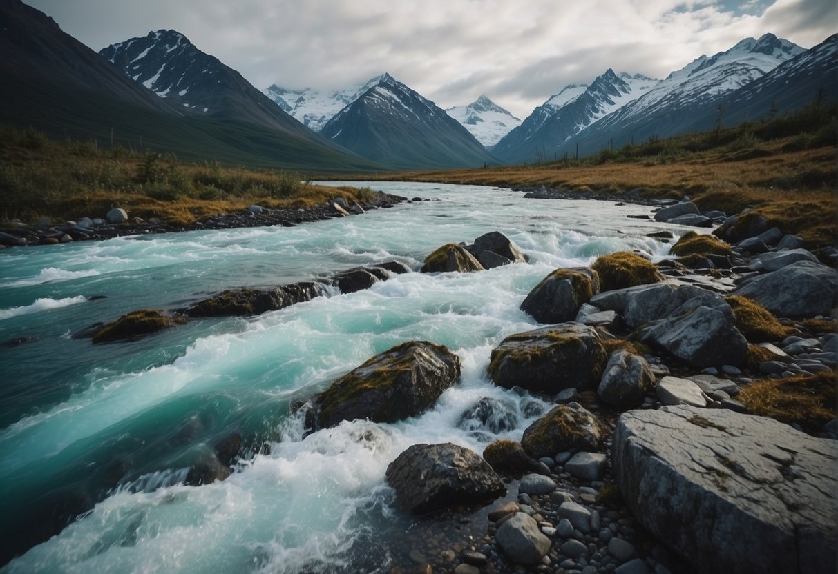 Alaska and Russia are connected by a narrow strait, with land masses visible on either side. The scene is characterized by a cold, rugged landscape with snow-capped mountains and icy waters