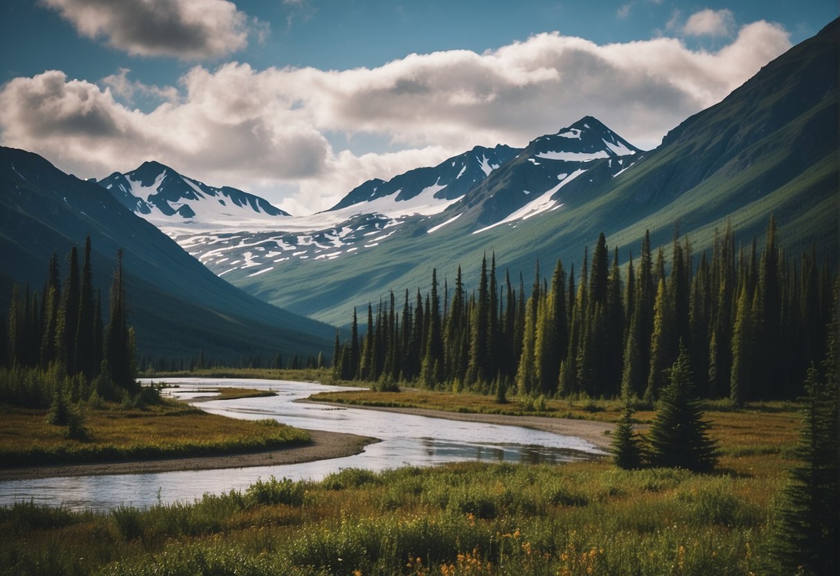 Vast Alaskan landscape, mountains, forests, and rivers. Varied climate, from Arctic tundra to temperate rainforest