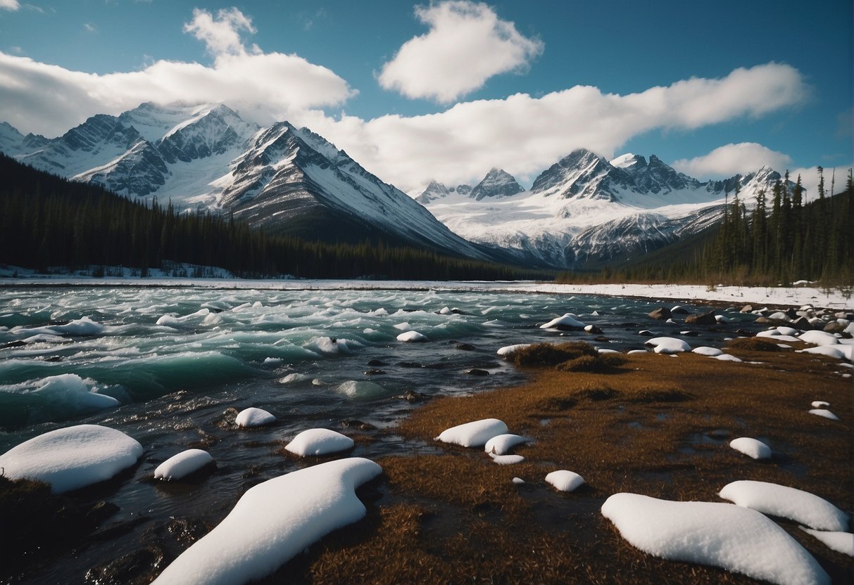 The vast expanse of Alaska's rugged terrain, with snow-capped mountains, dense forests, and winding rivers, showcases the limited but impactful human presence in the remote wilderness