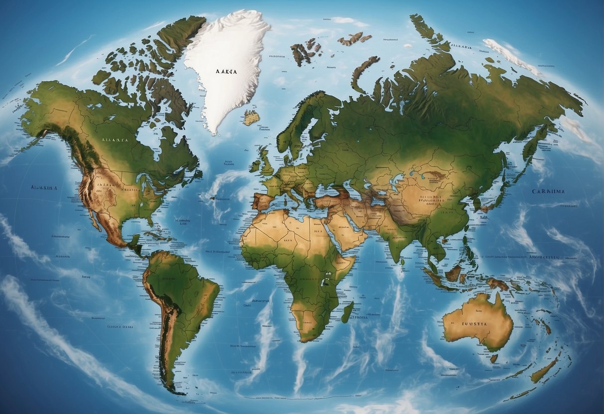 Alaska surrounded by world map, labeled countries larger in size