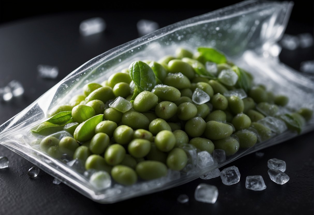 A pile of frozen edamame sits in a clear plastic bag, surrounded by ice crystals