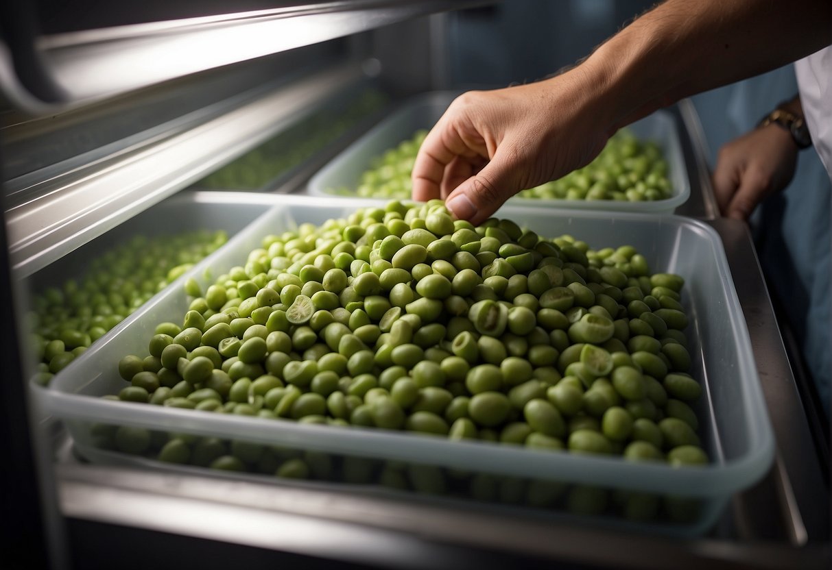A hand reaches into a freezer, grabbing a bag of frozen edamame. The bag is then placed into a freezer for storage